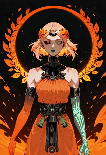 masterpiece, best quality, newest, absurdres, highres, AGPV1.1, black background, orange theme,
1girl, melinoeehades-IL.V1.0, melinoe, green lips, hair ornament, laurel crown, heterochromia, green eyes, red eyes, mismatched sclera, black sclera,single elbow glove, skeletal arm