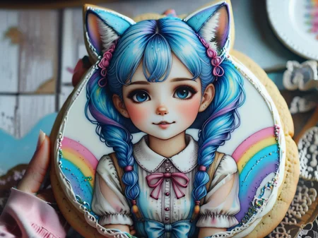 <lora:cookie:2>,cookie art design,cookie decoration,solo cookie,cat shaped,anime girl resting her hand on her chin,"fox ears",cinematic,rainbows,twin tails,happy grin:1.5,bright,blue hair,