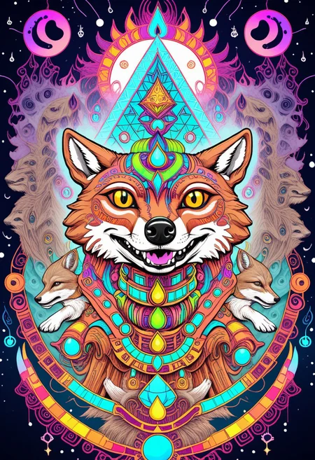 <lora:Daisy-Acid:.4> A peyote coyote dances under the moon in clouds of multicolored smoke (hologram)