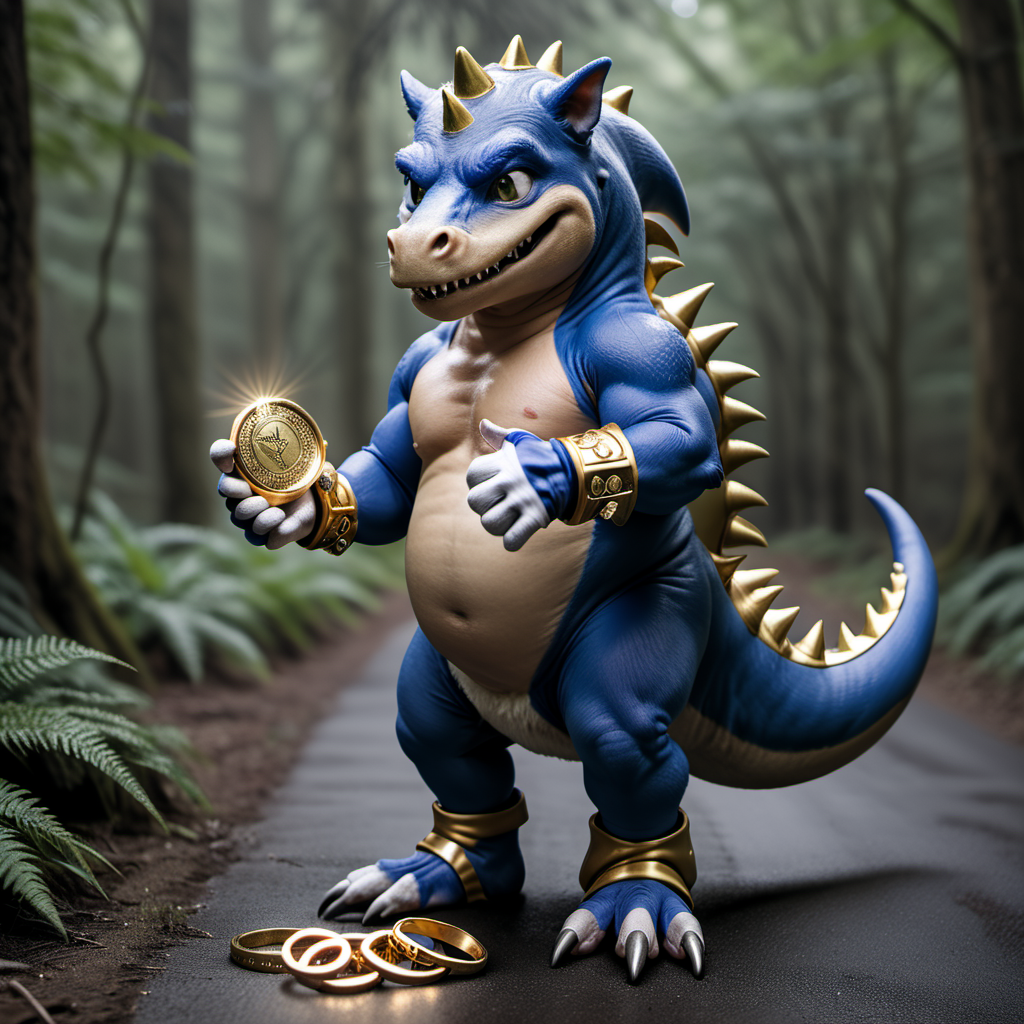 <lora:person_XL_chonkasaurus:0.5> photograph of (chonkasaurus:1),dressed as sonic, collecting gold rings,