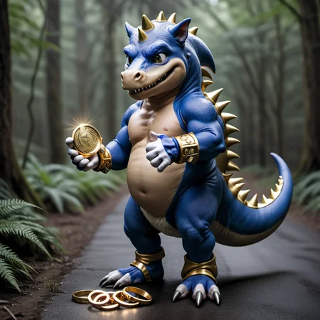 <lora:person_XL_chonkasaurus:0.5> photograph of (chonkasaurus:1),dressed as sonic, collecting gold rings,