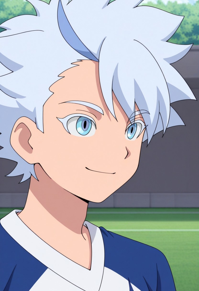 masterpiece,best quality,amazing quality, source_anime,
FroyGirikanan, 
1boy, male focus, solo, blue eyes, multicolored hair, grey hair, blue hair, supaku soccer uniform, shirt, raglan sleeves, short sleeves, multicolored shirt, blue and white shirt, smile, portrait,
outdoor,