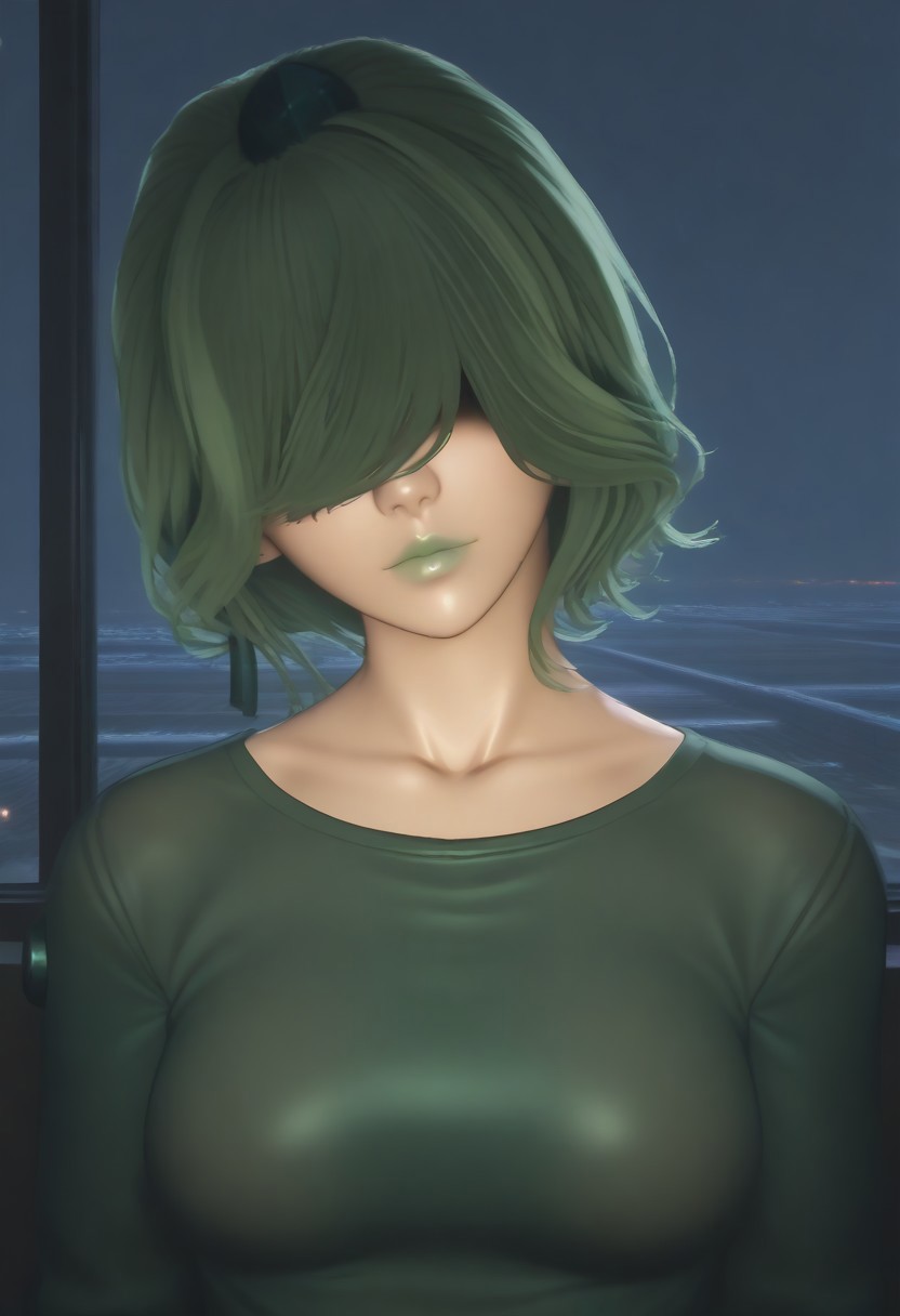 1girl, solo, solo focus, highres, absurdres, CL_Levit, long bangs, hair over eyes, green hair, lipstick, shiny lips, green lips, short hair, wavy hair,
green shirt, close-up, face focus,
looking at viewer, head tilt, closed mouth, 
indoor, cityscape, neon lights, window, dark, night, night sky, light particles, backlighting, shade,