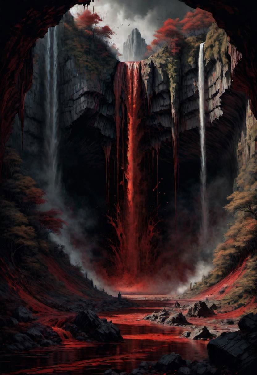 a landscape of a waterfall of ((blood)),
 masterpiece, highly detailed,
EdobHorrorLandscape,
horror, dark,