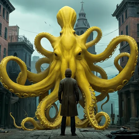 concept art of cinematic film still of <lora:add-detail-xl:1>0
<lora:detailed:0.3>
<lora:perfection style:0.3>
<lora:xl_more_art-full_v1:0.3>
<lora:true detective style:1>
Rust Cohle
<lora:carcosa city style v2:0.5>
In an ancient and mysterious city a statue of a yellow creature with a giant octopus legs, carcosa city style,solo,1boy,holding,standing,full body,male focus,facing viewer,tentacles,1other,monster,robe,extra arms,yellow theme , detailed, real, different, unique, cinematic, dramatic, concept art, filmic, detailed background, detailed settings, artstation, carcosa city style, digital artwork, illustrative, painterly, matte painting, highly detailed