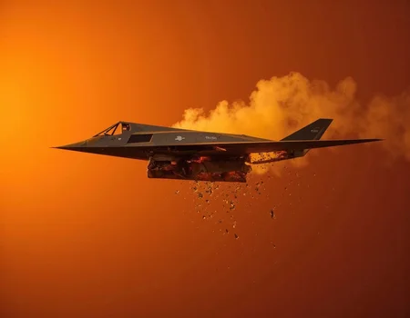 <lora:f-117-flux-000012:1.6> f-117
A fragile paper-made F-117 aircraft slowly burning as it descends through a fiery orange sunset, ash trailing behind, folding wings breaking apart mid-air, cinematic slow-motion tracking from side, emotional and reflective mood, soft glowing particles, melancholic artistic style