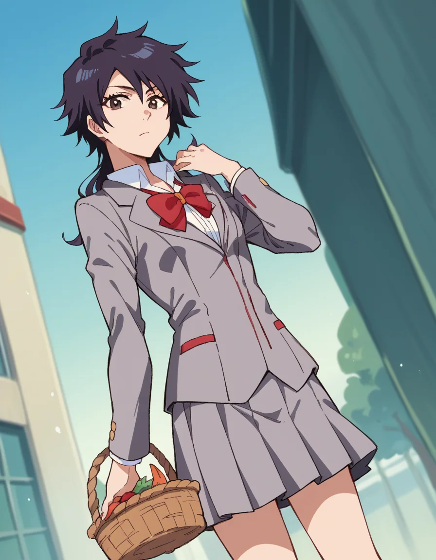 score_9, score_8_up, score_7_up, source_anime, <lora:tatsuki-arisawa-anime-ponyxl-lora-nochekaiser:1>, tatsuki, short hair, black hair, long hair, brown eyes,, skirt, bow, school uniform, jacket, blazer, red bow, long sleeves, grey blazer, grey skirt,, farmers market, fresh produce, local vendors, baskets, sunny day, community, , looking at viewer, hand on shoulder, foot crossed over, knee up, solo,, cowboy shot, dutch angle