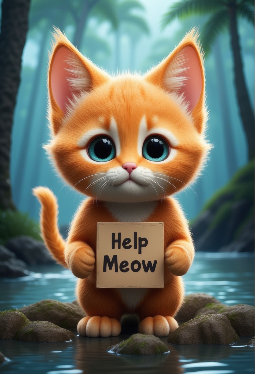 a very cute little orange cat with watery eyes, lost on an island, This very cute little cat holds a sign, with "Help Meow" written on the sign, only one sign,
sad expression, perfect masterpiece, watery eyes, raining, puddle, mud,
<lora:Add_More_details_Flux:1>