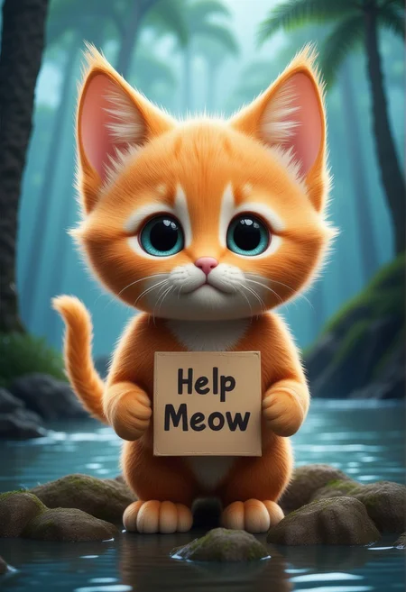 a very cute little orange cat with watery eyes, lost on an island, This very cute little cat holds a sign, with "Help Meow" written on the sign, only one sign,
sad expression, perfect masterpiece, watery eyes, raining, puddle, mud,
<lora:Add_More_details_Flux:1>