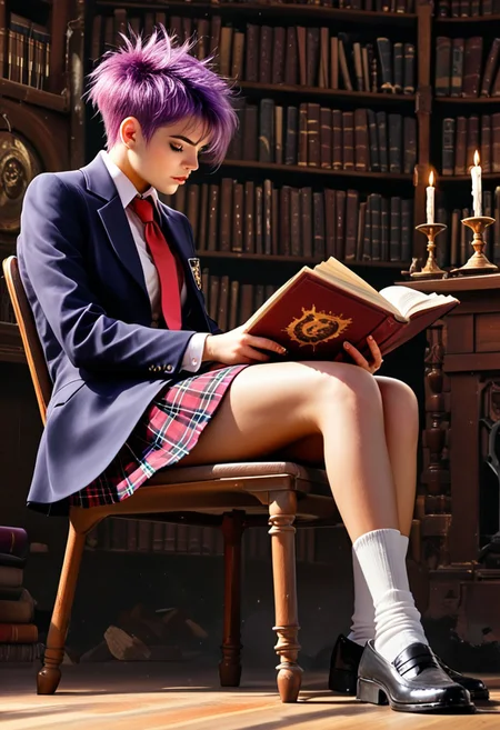 score_9, score_8_up, score_7_up, Ma^imi, purple hair, short hair, school uniform, blazer, red necktie, white shirt, collared shirt, plaid skirt, socks, black shoes, sitting in a comfy chair in a candlelit old library, reading a book, high contrast, high definition, Rim Lighting