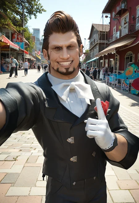 score_9, score_8_up, score_7_up, score_6_up, 4k, perfect quality, male focus, monocle, facial hair, black jacket, white bowtie, rose boutonniere, white gloves, black pants, white socks, black footwear, outside, day, oasis town, busy street, colorful indian festival, aliens in background, confident grin, full moon, amateur, real life photo, selfie, close up, cool, high contrast, silhouette, v fingers, victory fingers, looking at viewer,