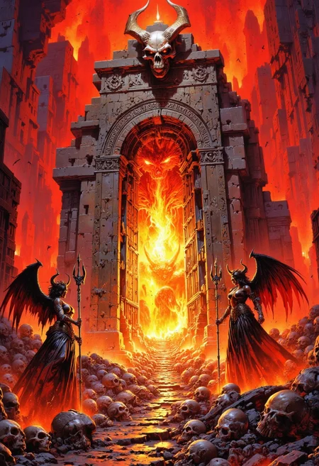 A fiery demonic gate towers in the center of the scene, surrounded by an intense red and orange glow. The gate is adorned with dark runes and a horned skull at the top, from which flames burst out. Two succubus with huge wings stand on either side, holding tridents as they guard the entrance. A path lined with skulls leads up to the gate, giving an ominous sense of doom. The surrounding atmosphere is filled with vivid reds, oranges, and yellows, adding to the hellish landscape.
