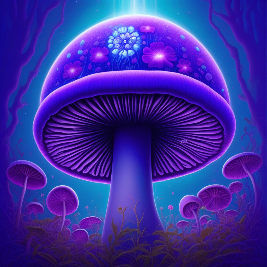purple flower, moon, fantasy, sparkle, artist name, light rays, blue skin, blue background, mushroom