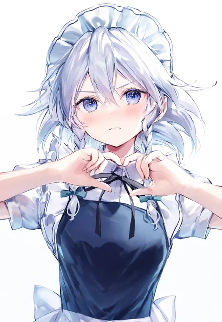 ame929, touhou, izayoi sakuya, 1girl, apron, blue dress, blue eyes, blush, braid, collared shirt, dress, frills, hair between eyes, heart, heart hands, light blush, long hair, looking at viewer, maid, maid apron, maid headdress, shirt, short sleeves, simple background, solo, twin braids, upper body, white apron, white hair, white shirt