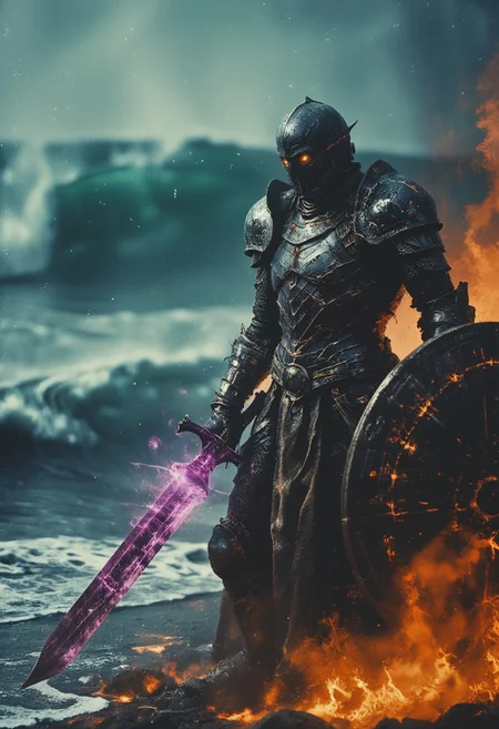 Upper body shot of a dark, menacing mechanical knight engaged in a bosstyle boss battle, captured with the gritty realism of an old analog camera. The knight’s battle-worn, intricately designed helmet reflects the eerie glow of his weapon—a massive, twisted sword. The blade crackles with dark energy, gathering ominously at its tip, where a glowing orb of dark purple and translucent amber light pulses with immense, destructive power. The energy radiates along the blade, casting a sinister glow that illuminates the knight’s helmet and armor, creating stark contrasts between light and deep shadows.
In his other hand, the knight wields a formidable shield, adorned with jagged, twisted patterns and a ghastly visage that seems to stare into the souls of his enemies. The shield exudes a sense of dread, as if cursed by dark magic, amplifying the terror of his presence. The sword’s glow casts intricate shadows across the shield, highlighting its menacing details. The chaotic battlefield around them is set amidst large crystal-blue waves crashing with explosive force, intensifying the dramatic clash between the knight and his adversaries.