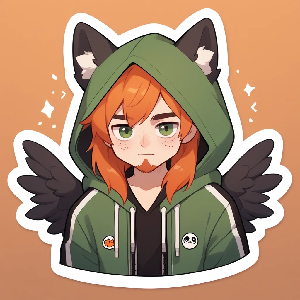 PonyXLV6_Scores, 1boy, male focus, wings, animal ears, facial hair, solo, green eyes, feathered wings, beard, looking at viewer, jacket, hood, black wings, freckles, drawstring,  open clothes, orange hair, hood down, upper body, hoodie, open jacket, animal ear fluff, twitch emote, chibi, outline, sticker, <lora:NijiEmotePDXL:1>