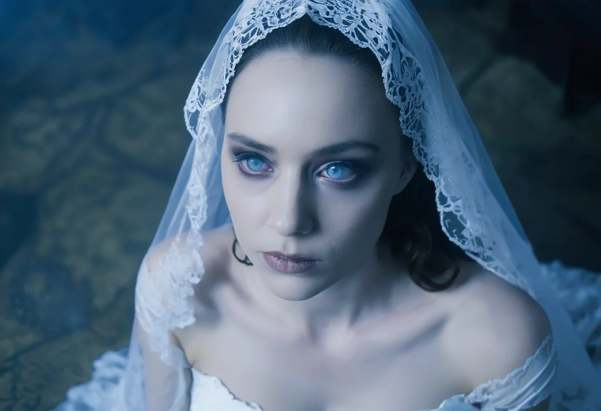 cinematic frame (close-up face:1.2) of a deathly pale bride kneeling, face focus, from above, white lace veil, blue eyes, blank facial expression, detailed skin, photorealistic, soft light, creepy atmosphere, style of gothic horror films <lora:corpse:0.8>