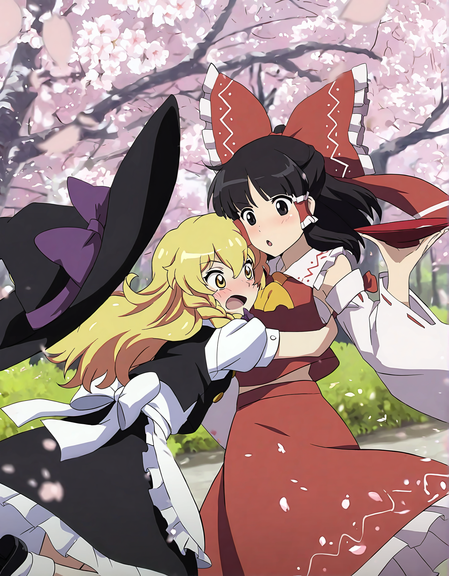 memoriesofphantasm, multiple girls, kirisame marisa, 2girls, hakurei reimu, hat, bow, blonde hair, hair bow, witch hat, black hair, detached sleeves, hair tubes, skirt, yellow eyes, short sleeves, open mouth, cherry blossoms, braid, tree, unworn headwear, puffy sleeves, anime coloring, ascot, apron, blush, purple bow, puffy short sleeves, red bow, unworn hat, frills, black eyes, single braid, red skirt, cup, long hair, waist apron, sakazuki, shirt, socks, ribbon-trimmed sleeves, frilled skirt, hat bow, black skirt, black vest, shoes, vest, ribbon trim, side braid, sensitive, buttons, petals, ponytail, glomp, surprised, frilled bow, yellow ascot, skirt set, outdoors, :o, white apron, white shirt, sake, sidelocks, wide sleeves, yuri, alcohol, spilling, tripping, black footwear, frilled apron, looking at another, ribbon, falling, mary janes, smile, black headwear, hug, bare shoulders, red shirt, general, turtleneck
very awa, masterpiece, best quality, year 2024, newest, highres, absurdres, <lora:memories-of-phantasm-style-noobai-vpred10:1>