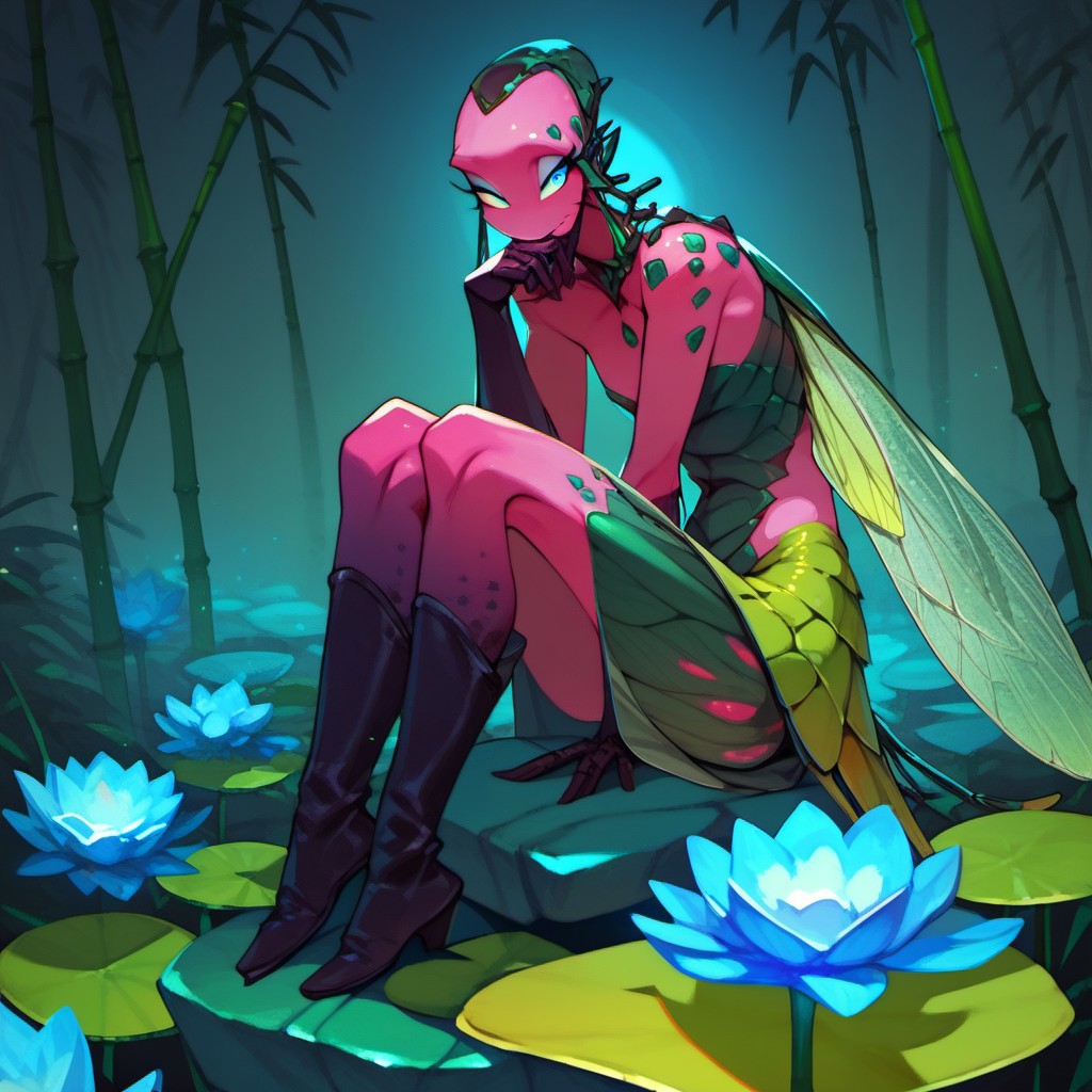 score_9, score_8_up, score_7_up, score_6_up, dark faerie, flying at night, beautiful face, heavy black boots, highly detailed, blue lotus blossom, bamboo, insect wings, twisting brambles, monster boy, perfect eyes looking at viewer, cyan and magenta, colored skin,