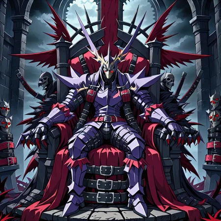 a dexdoru knight covered in belts sits upon a throne made of belts in a gloomy gothic castle,anime style,scene from hellsing,menacing