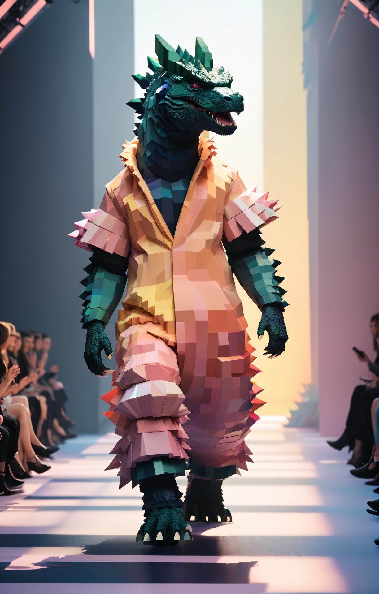 Minecraft style art of (Runway fashion:1.4), Gothic aesthetic, godzilla walking down the runway wearing an unexpected designer outfit, soft-hued colors, stunning background. warm and bright sunlight, a mesmerizing blend of light and shadow. masterpiece, absurdres, intricate details <lora:Runway_Fashion_XL:1.0>, Blocky, pixelated, vibrant colors, recognizable characters and objects, game assets, Minecraft style