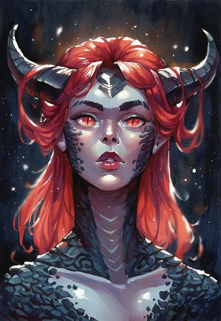 score_9, score_8_up, score_7_up, depth of field, Expressiveh, 1girl, solo, watercolor \(medium\), traditional media, dragon girl, black scales, grey skin, jewelry, ornamented horns, skin markings, looking at viewer, red eyes, glowing, lips, parted lips, slit pupils, medium hair, red hair, hair bangs, horns, dark background, light particles, fit, shiny skin, upper body, front view 