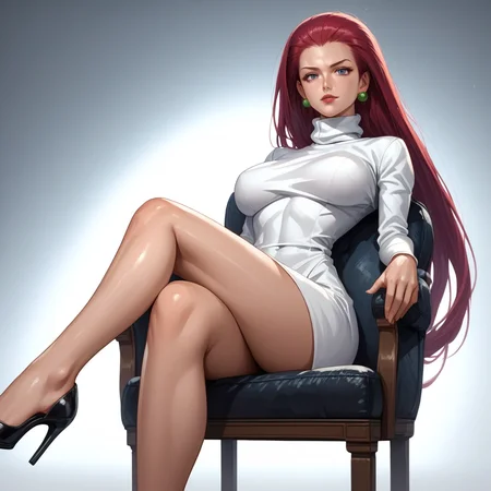 Basic Instinct Pose, B4sic1nstinctP0se, basic_instinct_(movie), source_anime, artist style:Urushihara Satoshi, source_hentai, source_anime,1woman, looking at viewer, facing viewer, dress, turtleneck, sitting, on_chair, bare_legs, high_heels, masterpiece,, score_9, score_8_up, score_7_up, score_6_up, Jessie\(Pokemon\), BREAK, 1girl, solo, (Jessie from Pokemon), redhead, long hair, perfect face, perfect eyes, sexy, sexy girl, seductive, beautiful eyes, petite body, wide hips, large breasts, posing, dynamic angle,