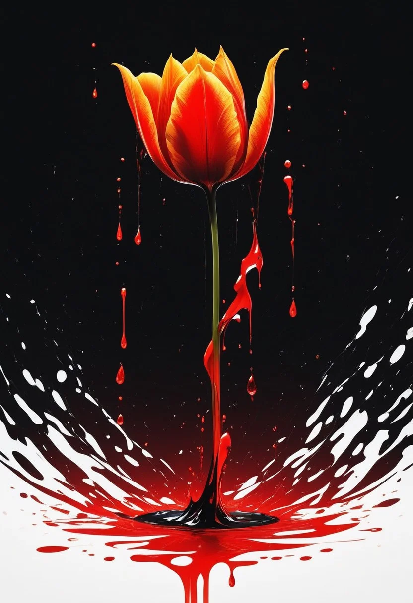 abstractzyrnox, abstract, abstract art, illustration, anime, black and gold, red and gold, ((red tulip), simple background, dark background, black background), melting, dripping
