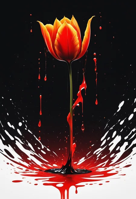 abstractzyrnox, abstract, abstract art, illustration, anime, black and gold, red and gold, ((red tulip), simple background, dark background, black background), melting, dripping