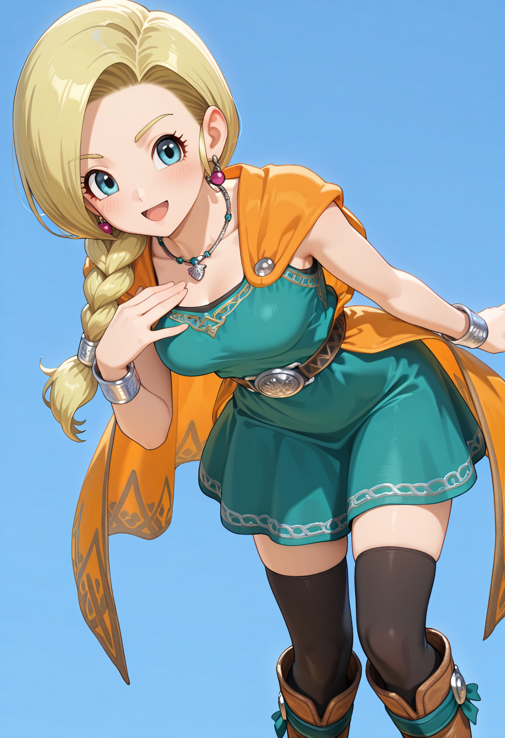 masterpiece, best quality, very aesthetic, absurdres, 1girl, solo,
<lora:dqh2_bianca_v01:0.7>, dqh2_bianca, blonde hair, long hair, single braid, hair over shoulder, blue eyes,
earrings, necklace, jewelry, orange cape, green dress, bracelet, black thighhighs, zettai ryouiki, knee boots, (smile:0.7), open mouth, hand on own chest, leaning forward, simple background,