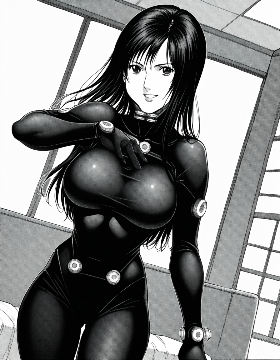 score_9, score_8_up, score_7_up, source_anime, <lora:reika-shimohira-manga-ponyxl-lora-nochekaiser:1>, reika shimohira, long hair, monochrome, greyscale, large breasts,, bodysuit, black bodysuit,, indoors, smile, looking at viewer, solo,, cowboy shot, dutch angle