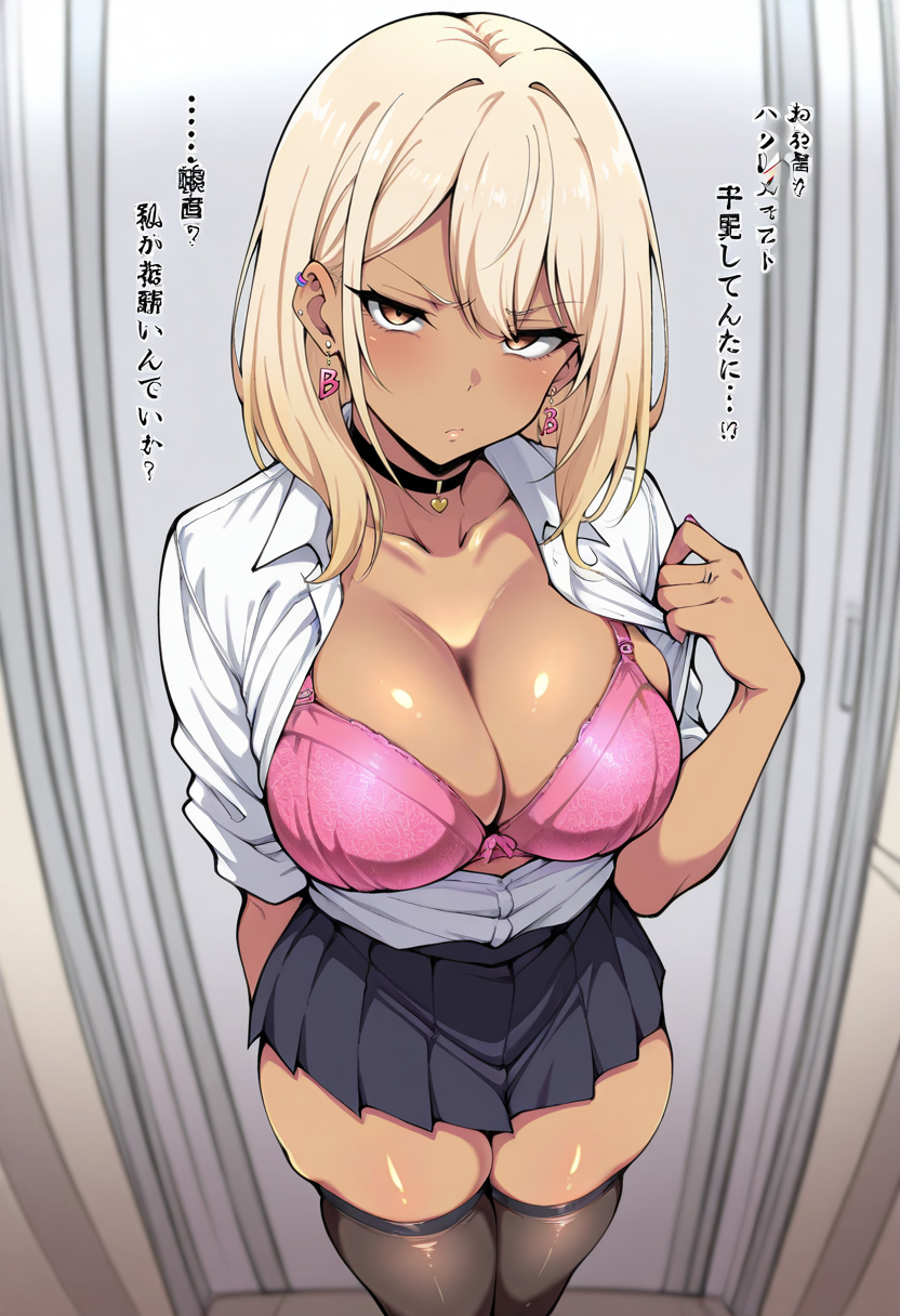 1girl, solo,standing, looking at viewer, disdain,blonde hair, medium hair, gyaru, medium breasts,school uniform, skindentation, cleavage, skirt, thighhighs, choker, earrings, sleeves rolled up, underwear, bra, masterpiece, best quality, 
 <lora:Berull_Style:1> B3ro11,