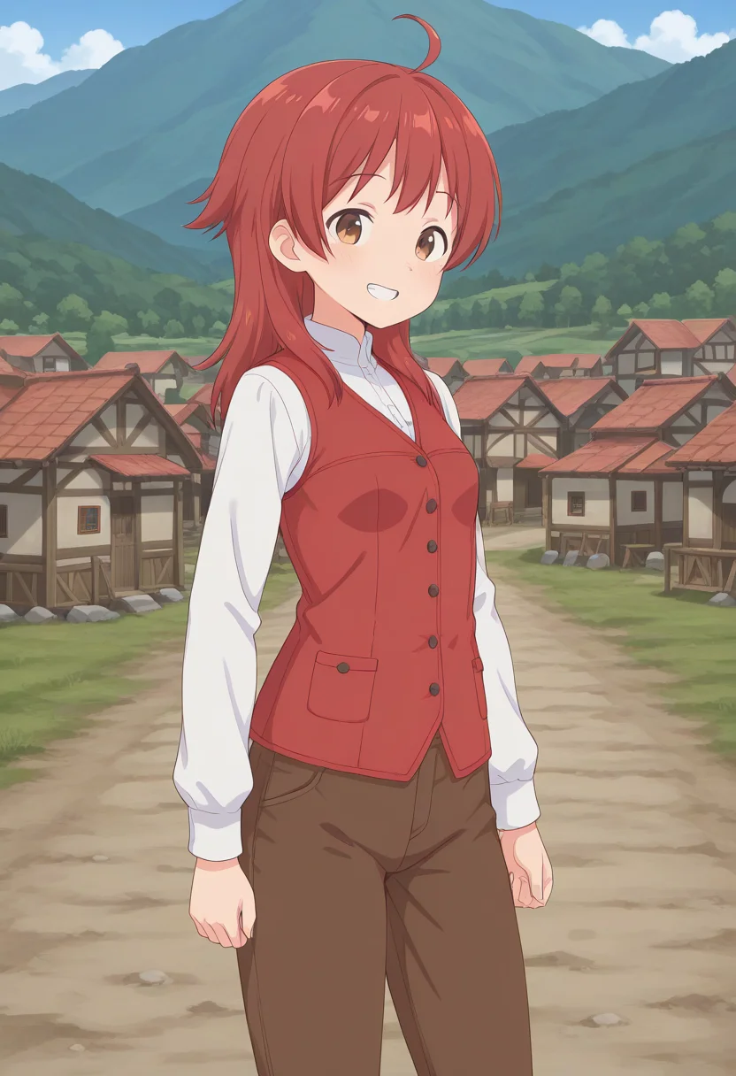 1girl, solo, hannalbdilus, red hair, medium hair, ahoge, brown eyes, white shirt, long sleeves, red vest, brown pants, standing, outdoors, village, grin, looking at viewer, cowboy shot,