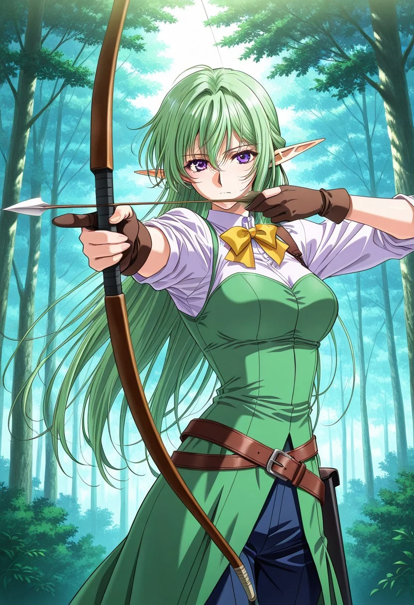 general,highres, ultra-detailed,very aesthetic,best quality ,best hands,masterpiece, best quality, newest, highres, score_9, score_8_up, score_7_up, source_anime, rating_explicit,1girl, yokota mamoru style,motion lines,Very straight nose,slim,slender face,perfect nose
Kamyu,Green hair, Waist Length hair,long hair,Violet Eyes,Pointed Ears,elf
a beautiful woman in drawing a bow and preparing to shoot at target, 1girl, archery, solo partially fingerless gloves, weapon, bow (weapon), gloves, tree, aiming, looking at target,,,Draw the bow
, outdoors, tree, nature, forest,