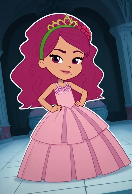 Raspberry_Tart, 1girl, solo, long hair, wavy hair, magenta hair, green headband, magenta eyes, light tan skin, mole, pink sleeveless tulle gown, poofy gown, long large floor length gown, ball gown, rhimestones. She is also wearing a tiara, hoop skirt, dome shape skirt, quinceanera, prom, pageant, (smile, dutch angle, Hands on hips, naughty pose, looking at viewer, indoors, elegant room, solo, dynamic pose, full_body, head tilt,),((white background, White frame, white outline))