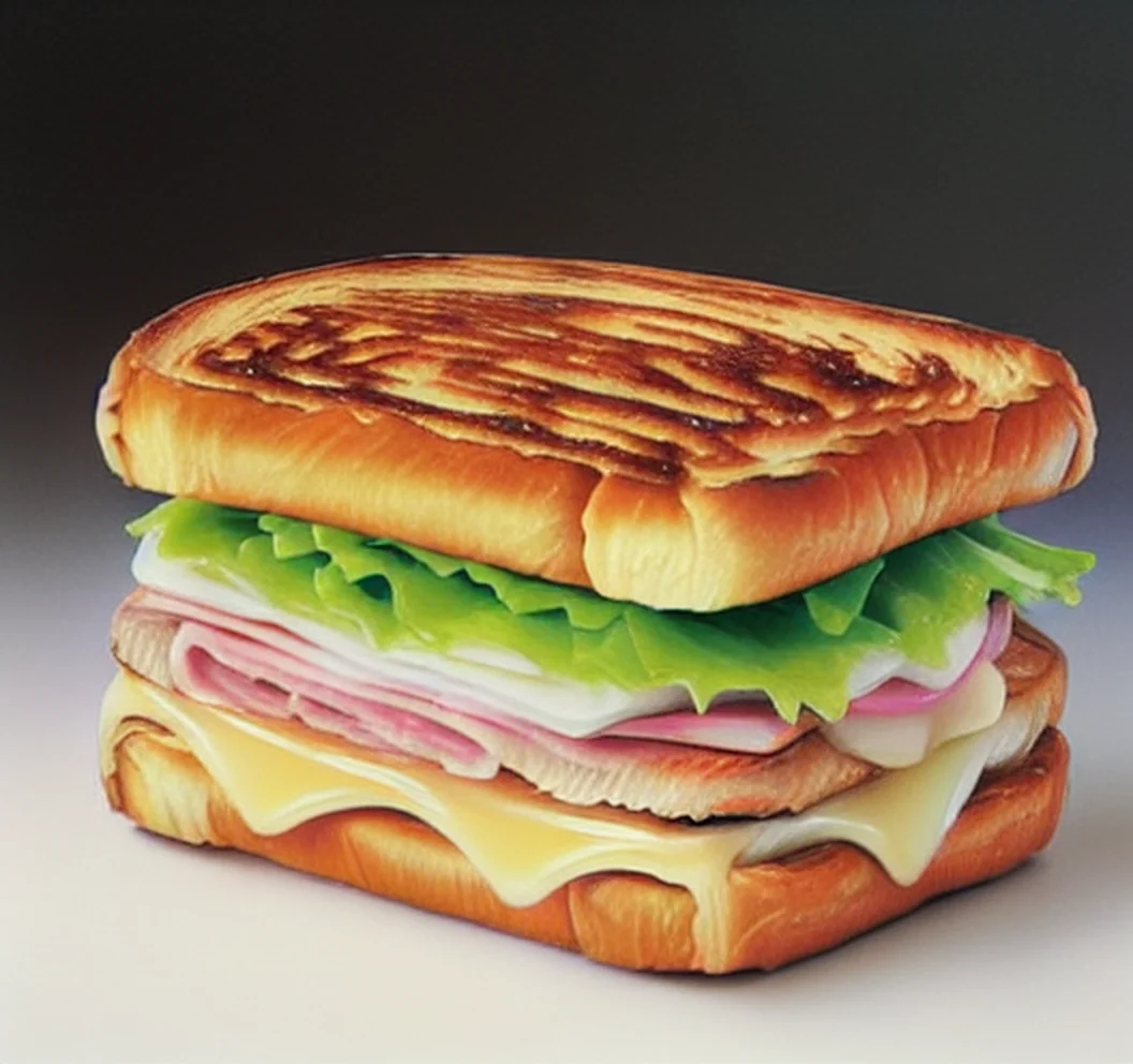 airbrush surrealism <lora:airbrush surrealism:0.9> ham and cheese toasted sandwich, 8k highly realistic, detailed, oil on canvas