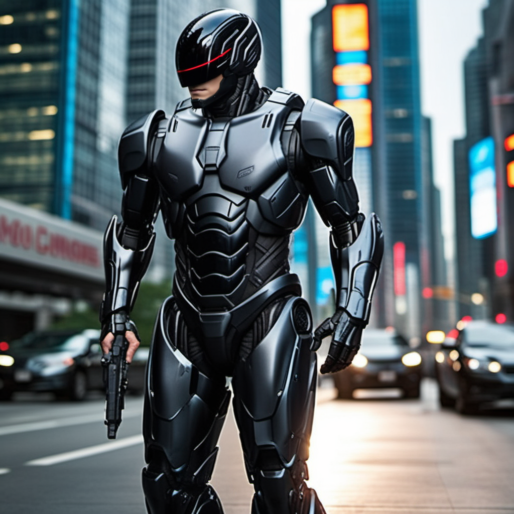 Robocop2014, a black armored robot, full body, cyberpunk city background, highly detailed,  photography, ultra sharp, film, professional, 64k <lora:add-detail-xl:1.5>  <lora:Robocop2014-1024-000325:0.6>