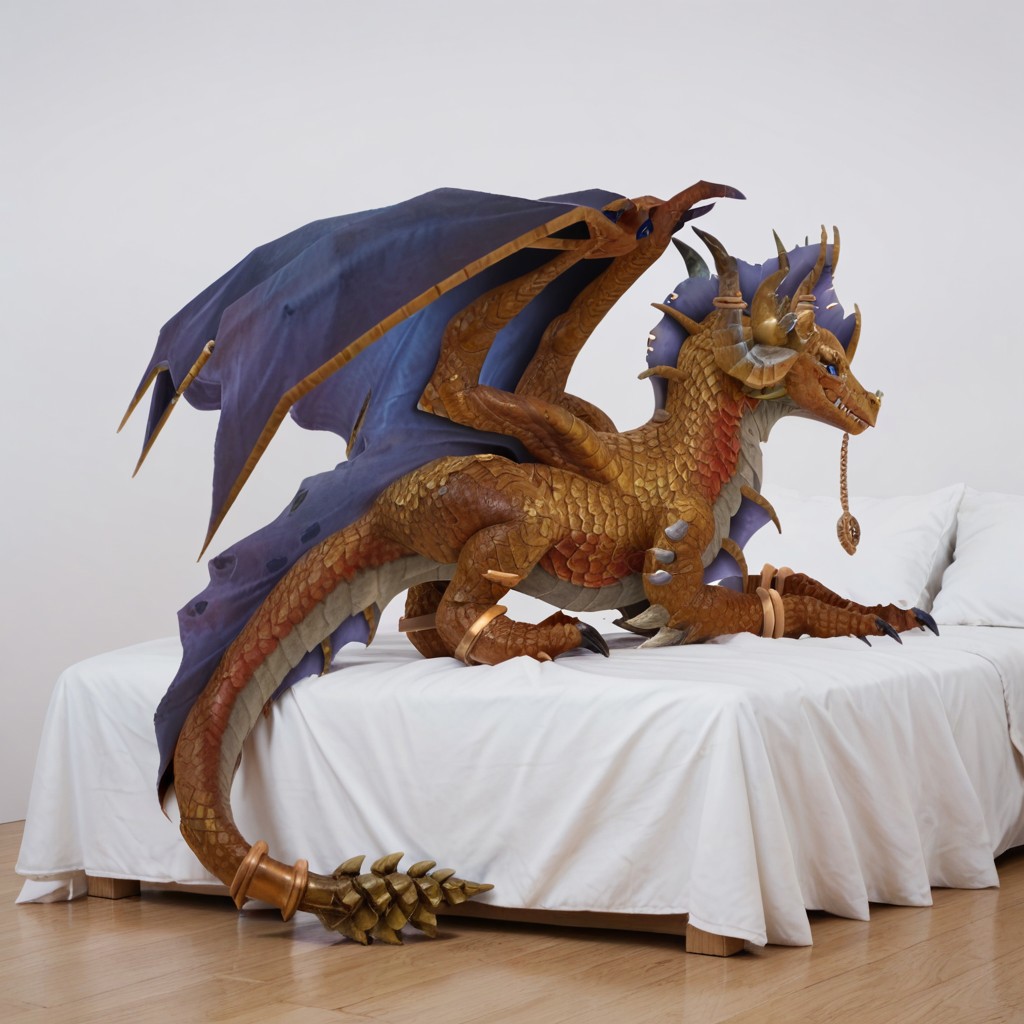 score_9, score_8_up, score_7_up, score_6_up, masterpiece, high quality, realistic, detailed, best quality, 1girl, solo, rating_safe, source_furry, white bed, bedroom, smiling, seductive, looking at viewer, on bed, full body, feral, soridormi_wc, dragon, bronze scales, wings, horns, tail, claws, female, 1girl, blue sclera, feral