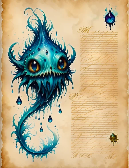 scientific illustrations of a water wisp creature<lora:SDXLInkStainsFinal:1> Inkstains, high quality, beautiful, highly detailed, 8k, fantasy parchment
