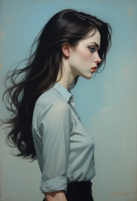 side view, one woman head turned right, misery incarnate, long hair, laser blue eyes, seductive, charming woman, charmful looking, captivating, minimalist, slender frame, detailed, headshot, painterly , style of malcolm liepke