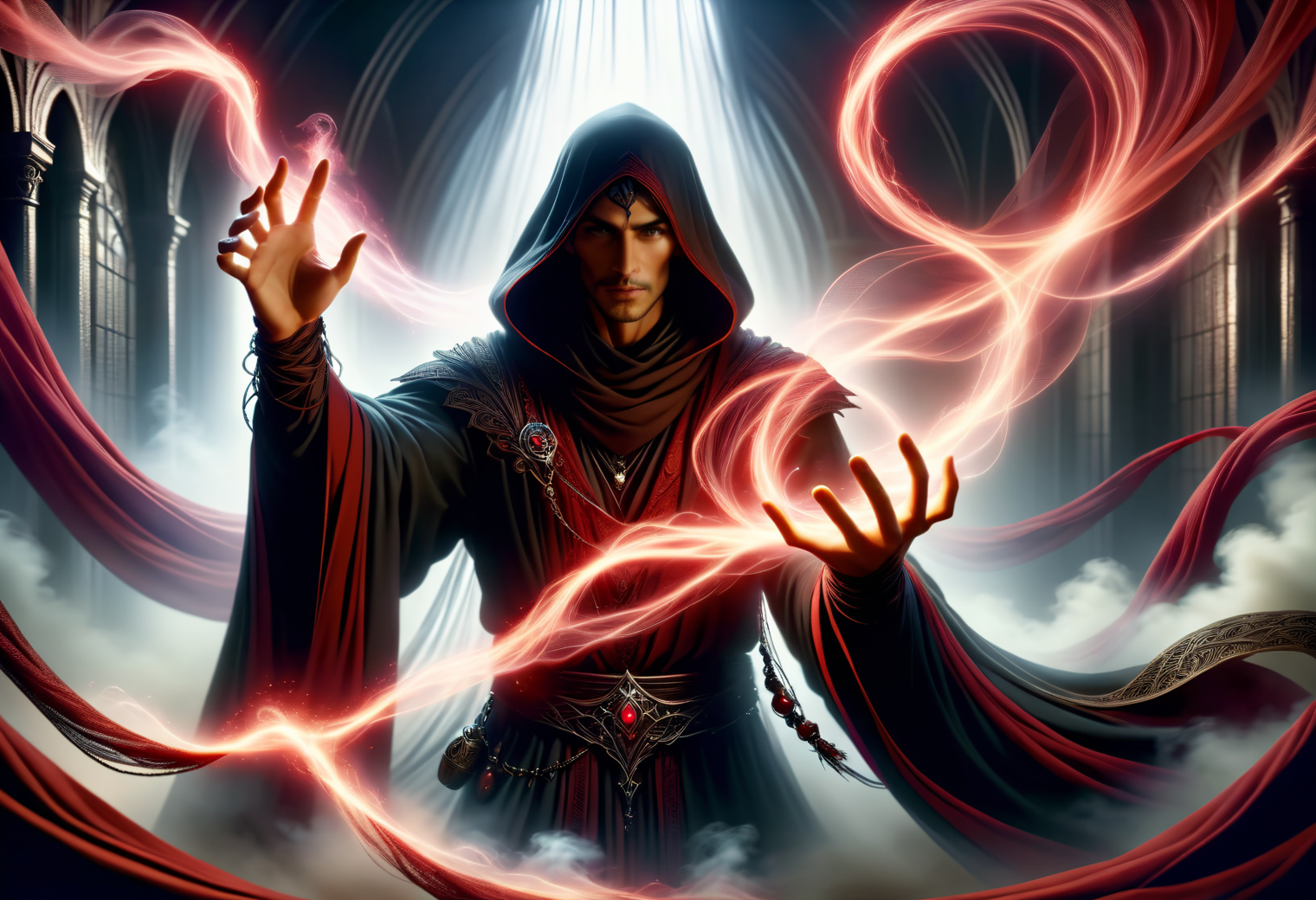 hyper detailed masterpiece, dynamic, awesome quality, male enchantress   crimson streams and veils that flow and twine in the air, moving with an eerie life of their own, pulse with every heartbeat, creating an intimate yet unsettling spectacle, miasmic mist DonMM4g1cXL <lora:DonMM4g1cXL_v1.2:1>  <lora:Perfect Hands v2:0.8> Perfect Hands