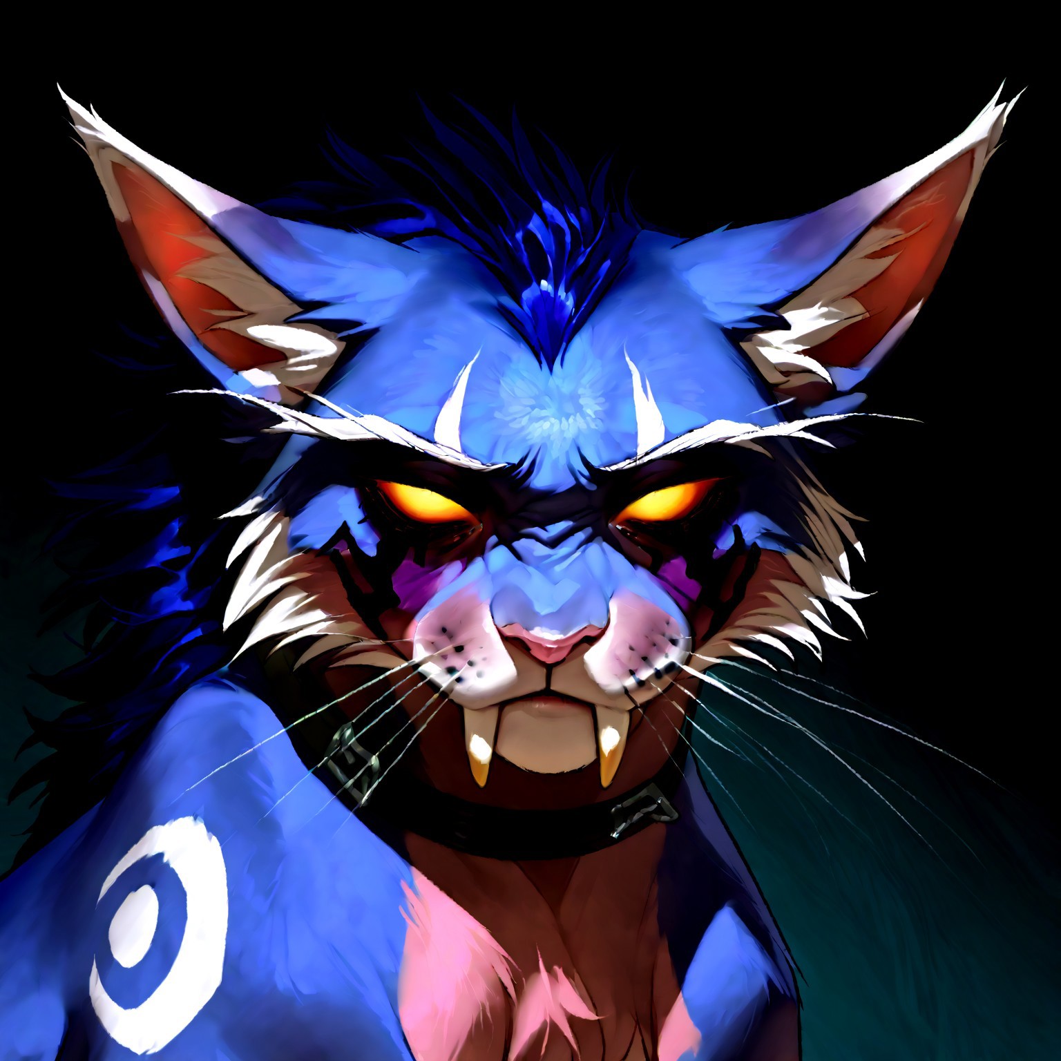 <lora:WoW_NEDruidCat_a1_1_NoobXL-eps>masterpiece,semi-realistic forms of felines,best quality,amazing quality,high quality,very aesthetic,absurdres,newest,shaded,digital media \artwork\,depth of field,wownedrucat,solo,feral,detailed cat,white blank eyes,transparent sclera,glowing with yellow eyes,full size portrait,dark blue eye markings,shoulder markings, a little opened mouth,sabertooth,side view,pose,Pink Gray Color fur,raspberry glace color hair,sad face,sitting,sad eyes, ears pressed back in fear, head looking at the viewer,eyes looking to the side,long realistic ears, ultra detailed realistic feline face, elegant white whiskers,  silver neclace with metallic buckle, fluffy hair that lays only on the back and forehead,darken ash color ears, light peach color nose,