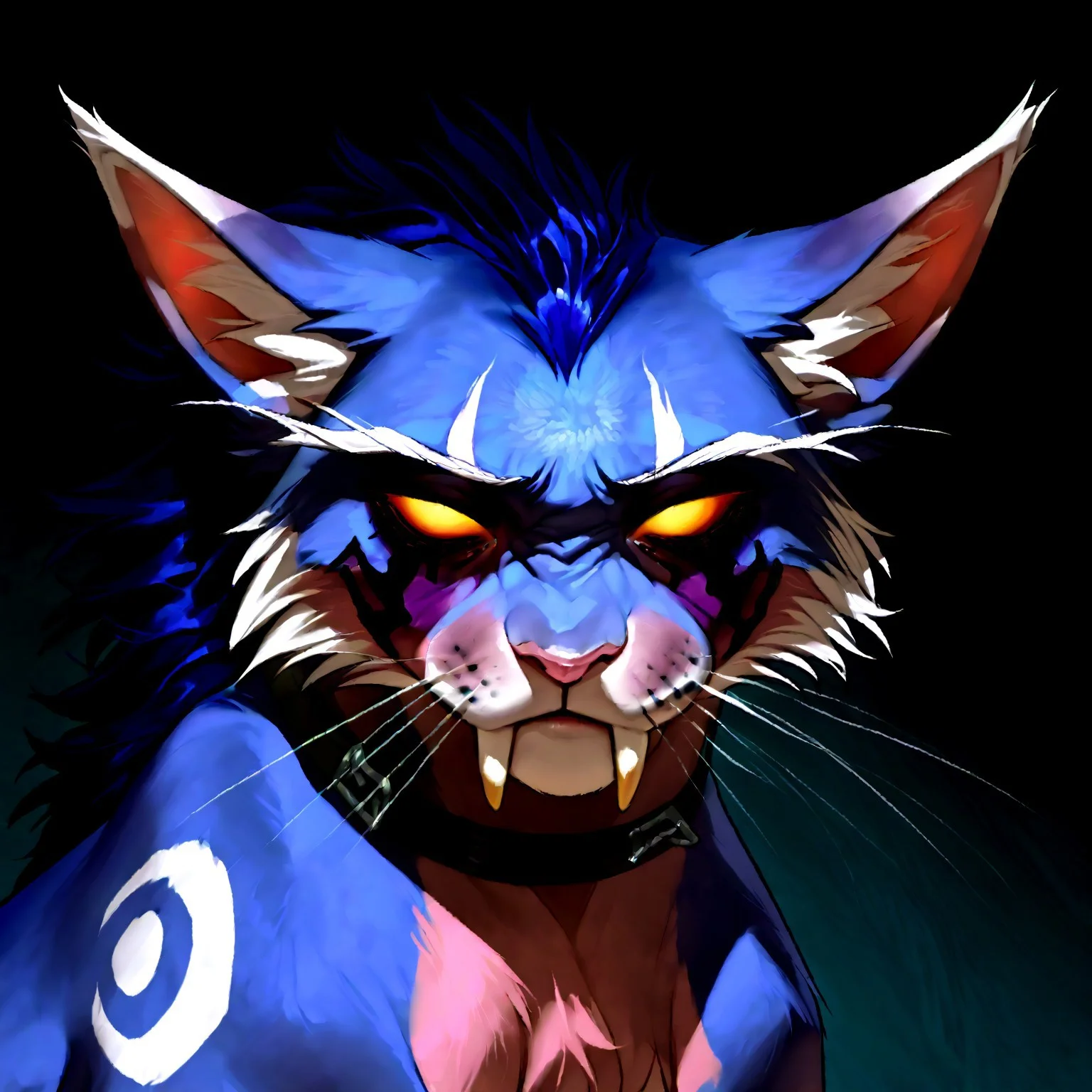 <lora:WoW_NEDruidCat_a1_1_NoobXL-eps>masterpiece,semi-realistic forms of felines,best quality,amazing quality,high quality,very aesthetic,absurdres,newest,shaded,digital media \artwork\,depth of field,wownedrucat,solo,feral,detailed cat,white blank eyes,transparent sclera,glowing with yellow eyes,full size portrait,dark blue eye markings,shoulder markings, a little opened mouth,sabertooth,side view,pose,Pink Gray Color fur,raspberry glace color hair,sad face,sitting,sad eyes, ears pressed back in fear, head looking at the viewer,eyes looking to the side,long realistic ears, ultra detailed realistic feline face, elegant white whiskers, silver neclace with metallic buckle, fluffy hair that lays only on the back and forehead,darken ash color ears, light peach color nose,