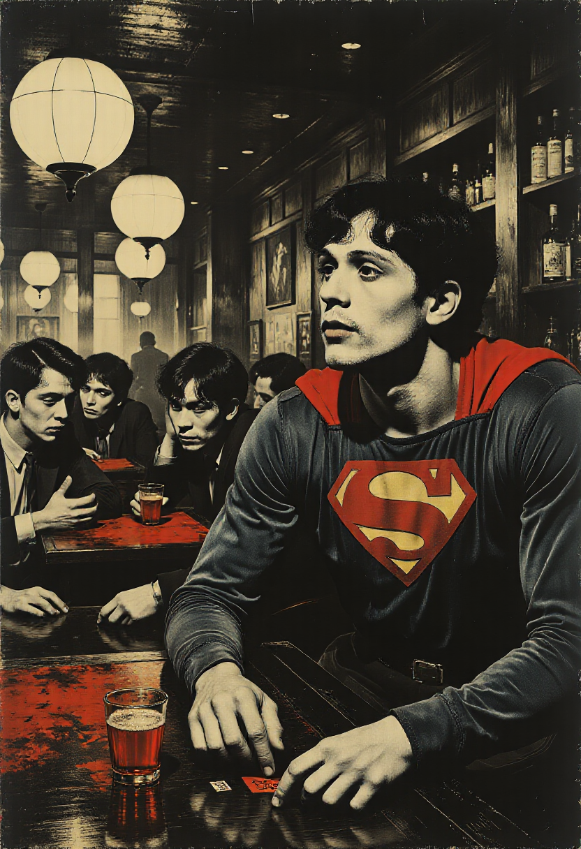 Superman leans against a bar, his eyes narrowed as he watches a group of men playing cards. His lips curl into a knowing smile . The bar is smoky, dimly lit, and filled with dangerous characters 
  <lora:Moody_Time:0.8> <lora:Flux-Sch-SingleBlocks-BF16:1.0>