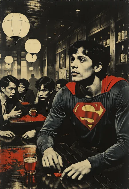 Superman leans against a bar, his eyes narrowed as he watches a group of men playing cards. His lips curl into a knowing smile . The bar is smoky, dimly lit, and filled with dangerous characters
<lora:Moody_Time:0.8> <lora:Flux-Sch-SingleBlocks-BF16:1.0>