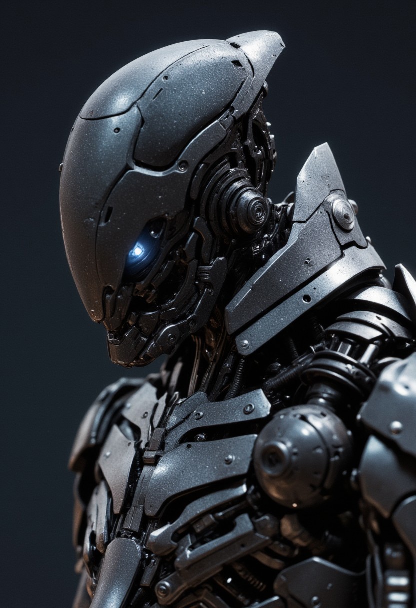 highly detailed and hyper realistic and dynamic.
This is a highly detailed digital illustration of a futuristic robot with a humanoid shape, likely created using a 3D modeling software. The robot has a sleek, metallic body with intricate, segmented armor plating and a dark, almost black, metallic headpiece that includes a glowing, circular halo-like light on top. The headpiece has a smooth, glossy texture, while the body armor is more rugged and textured, with visible bolts and mechanical details. The robot's eyes are not visible, suggesting a more mechanical, less human-like appearance.The robot is depicted from a slightly low-angle, three-quarter view, which emphasizes its imposing and advanced nature. The background is a simple, dark gradient, which helps to highlight the robot without any distractions. The lighting is soft but directional, casting subtle shadows that enhance the robot's three-dimensional form. The aesthetic quality of the image is very high, with a strong focus on detail and realism. The style is reminiscent of concept art used in science fiction films or video games, with a strong emphasis on futuristic and advanced technology. The background is blurred, ensuring the robot remains the focal point of the image.