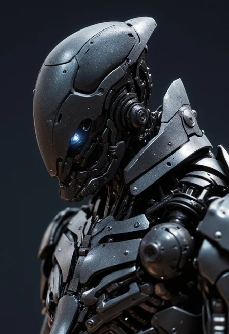 highly detailed and hyper realistic and dynamic.
This is a highly detailed digital illustration of a futuristic robot with a humanoid shape, likely created using a 3D modeling software. The robot has a sleek, metallic body with intricate, segmented armor plating and a dark, almost black, metallic headpiece that includes a glowing, circular halo-like light on top. The headpiece has a smooth, glossy texture, while the body armor is more rugged and textured, with visible bolts and mechanical details. The robot's eyes are not visible, suggesting a more mechanical, less human-like appearance.The robot is depicted from a slightly low-angle, three-quarter view, which emphasizes its imposing and advanced nature. The background is a simple, dark gradient, which helps to highlight the robot without any distractions. The lighting is soft but directional, casting subtle shadows that enhance the robot's three-dimensional form. The aesthetic quality of the image is very high, with a strong focus on detail and realism. The style is reminiscent of concept art used in science fiction films or video games, with a strong emphasis on futuristic and advanced technology. The background is blurred, ensuring the robot remains the focal point of the image.