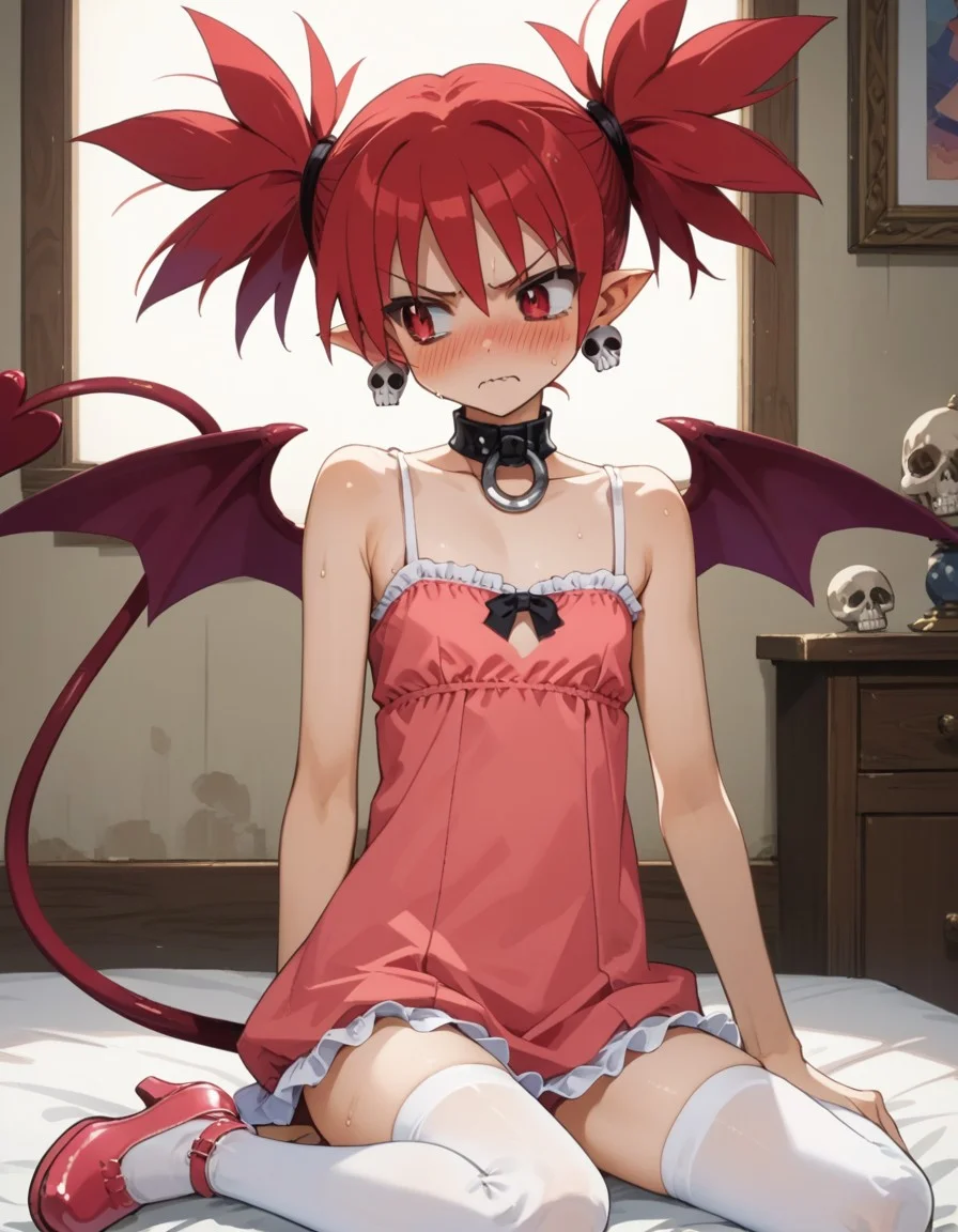 score_9, score_8_up, score_7_up, score_6_up, score_5_up, score_4_up , anime coloring ,BREAK source_anime, anime screencap,
1girl, flat chest, tiny tits, solo, disetna, red hair, twintails, demon wings, demon girl, demon tail, skull earrings, o-ring choker, black choker ,blush, looking away, angry, nervous, sweat, white stockings, a soft pink frilled miniskirt dress, frilled camisole top , pink maryjane heels, , <lora:PonyXL Etna V5:1>
indoors,