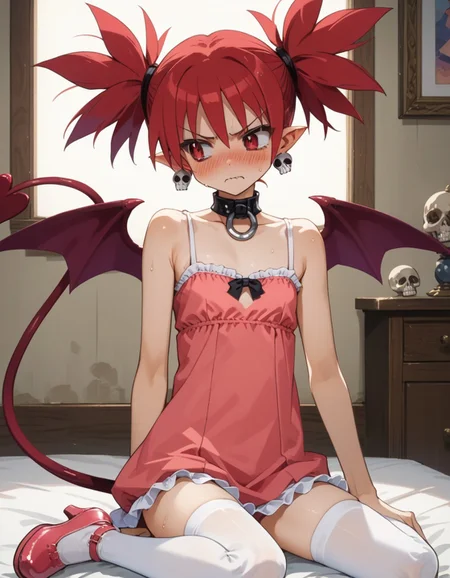 score_9, score_8_up, score_7_up, score_6_up, score_5_up, score_4_up , anime coloring ,BREAK source_anime, anime screencap,
1girl, flat chest, tiny tits, solo, disetna, red hair, twintails, demon wings, demon girl, demon tail, skull earrings, o-ring choker, black choker ,blush, looking away, angry, nervous, sweat, white stockings, a soft pink frilled miniskirt dress, frilled camisole top , pink maryjane heels, , <lora:PonyXL Etna V5:1>
indoors,