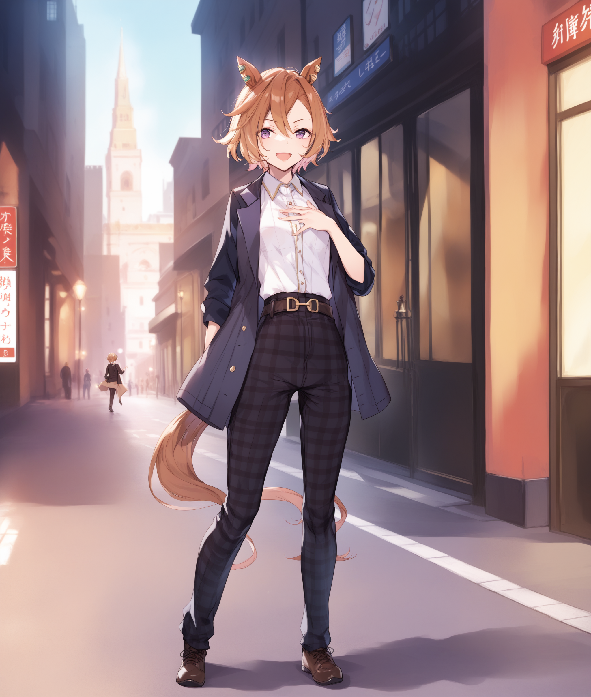score_9, score_8_up, score_7_up, 2D, anime BREAK
(tower), city, outdoors, 
casual_clothes, looking at viewer, smile, short hair, open mouth, bangs, multiple girls, brown hair, shirt, long sleeves, animal ears, hair between eyes, standing, purple eyes, jacket, tail, white shirt, :d, cowboy shot, open clothes, solo focus, collared shirt, belt, pants, hand up, open jacket, black jacket, plaid, dress shirt, copyright name, buttons, black pants, horse ears, hand on own chest, horse girl, buckle, horse tail, black belt, belt buckle, plaid pants, (brown leather shoes), full body, 
<lora:T.M.OperaO-ponyXL:1>,